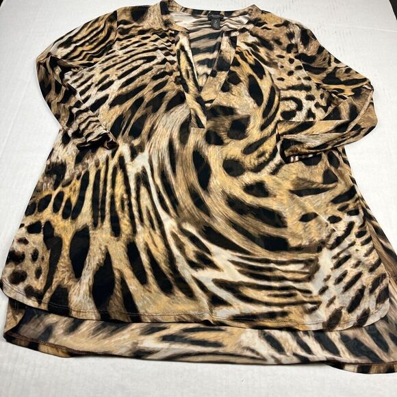 Chicos Travelers V-Neck Tunic Blouse Animal Print 3/4 Sleeve Lightweight 2 LARGE - Picture 2 of 13